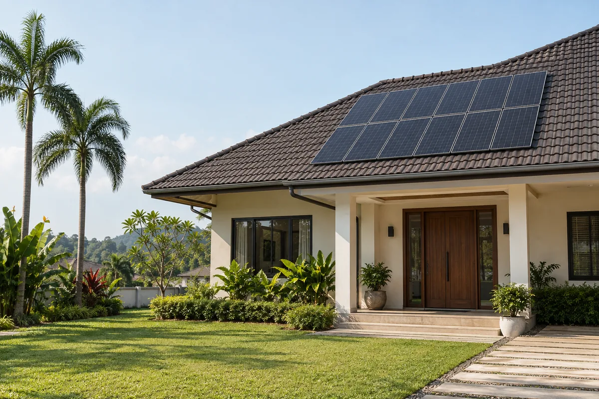 Illustrative Malaysian bungalow with rooftop solar panels