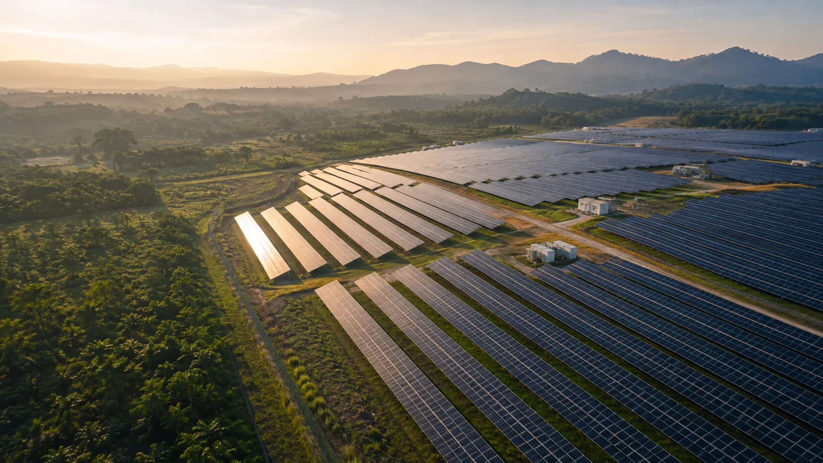 Illustrative solar farm in a Malaysian landscape