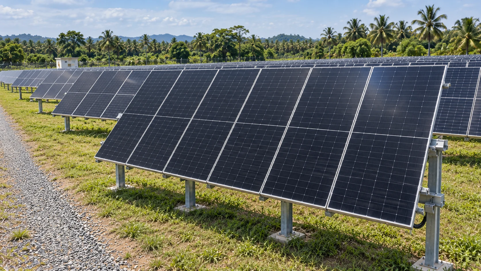 AI-generated illustration of a solar farm with dark photovoltaic panels in a tropical landscape